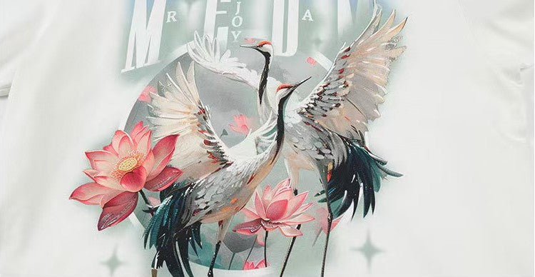MEDM White Ink Crane Printed Short-sleeve T-shirt