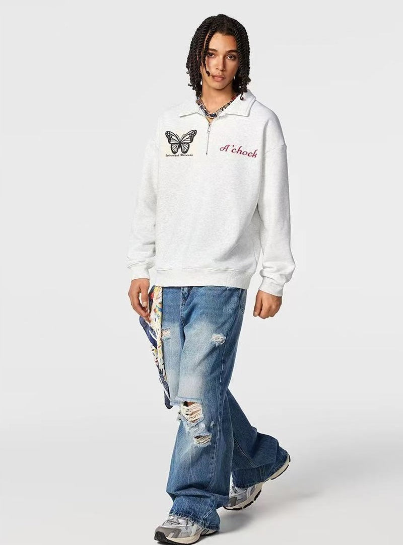 ACHOCK Heavy Butterfly Patch Embroidered Zipper Sweatshirt