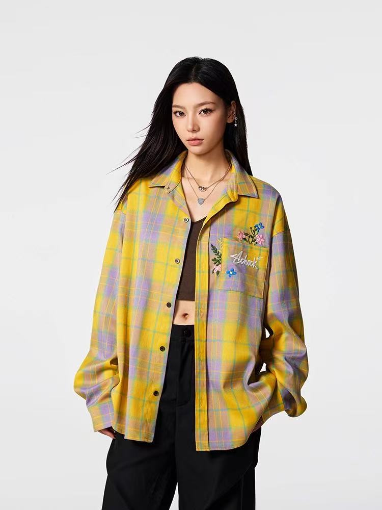 ACHOCK Vintage Floral Embroidered Plaid Long-sleeve Shirt