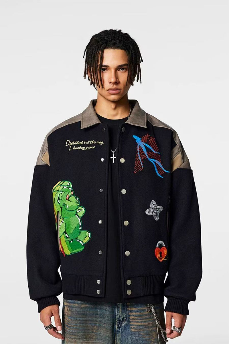 ACHOCK Heavy-duty Cartoon Embroidered Baseball Jacket