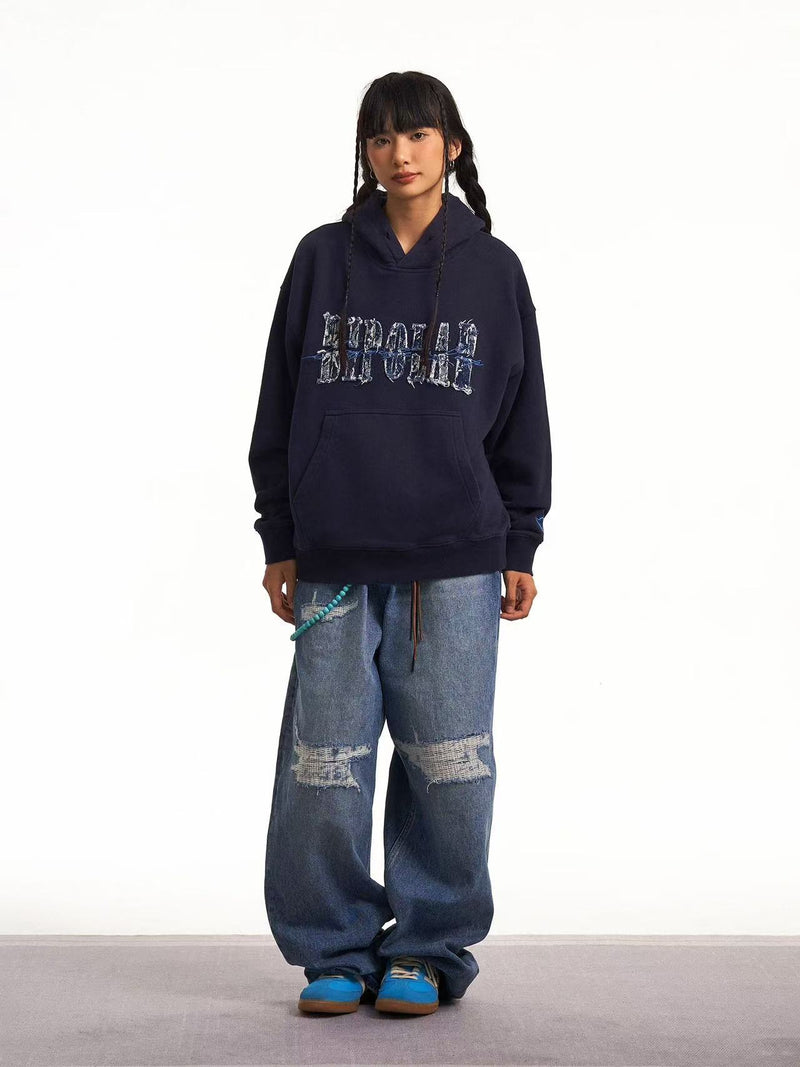 BIPOLAR Destroyed and Torn Creative Design Denim Patch Hoodie