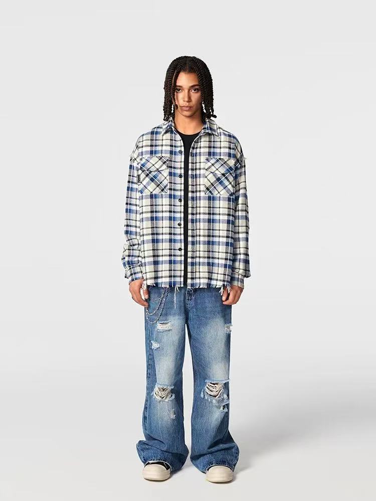 ACHOCK Retro Plaid Tassel Long-sleeve Shirt