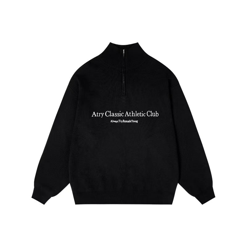ATRY Slogan Embroidered Polo Zipper Sweater
