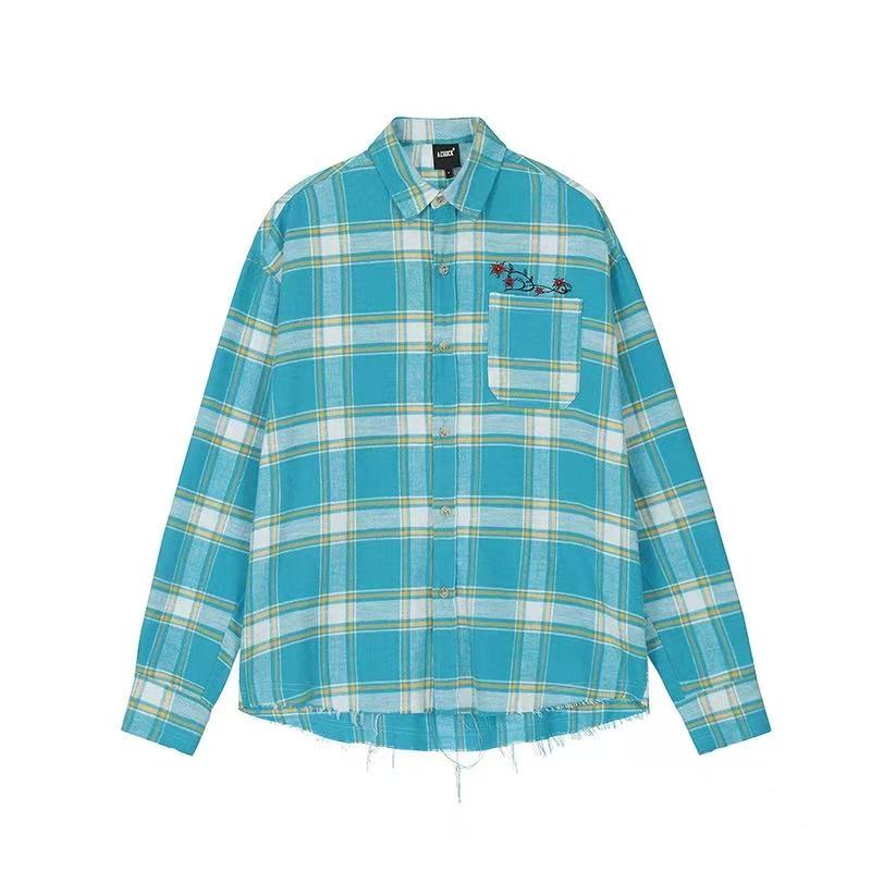 ACHOCK Embroidery Fringe Plaid Long Sleeve Shirt