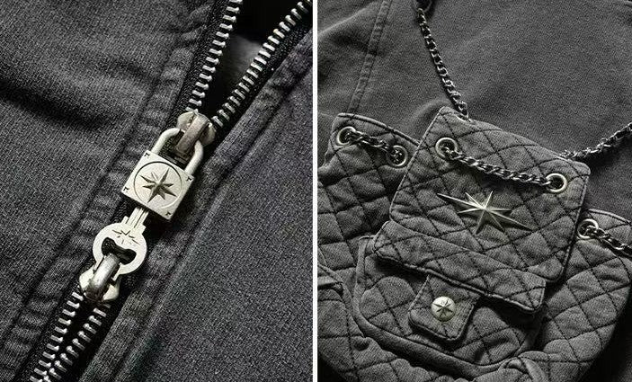 REMEDY Retro Distressed Washed Denim Backpack Hooded Jacket (For Women)