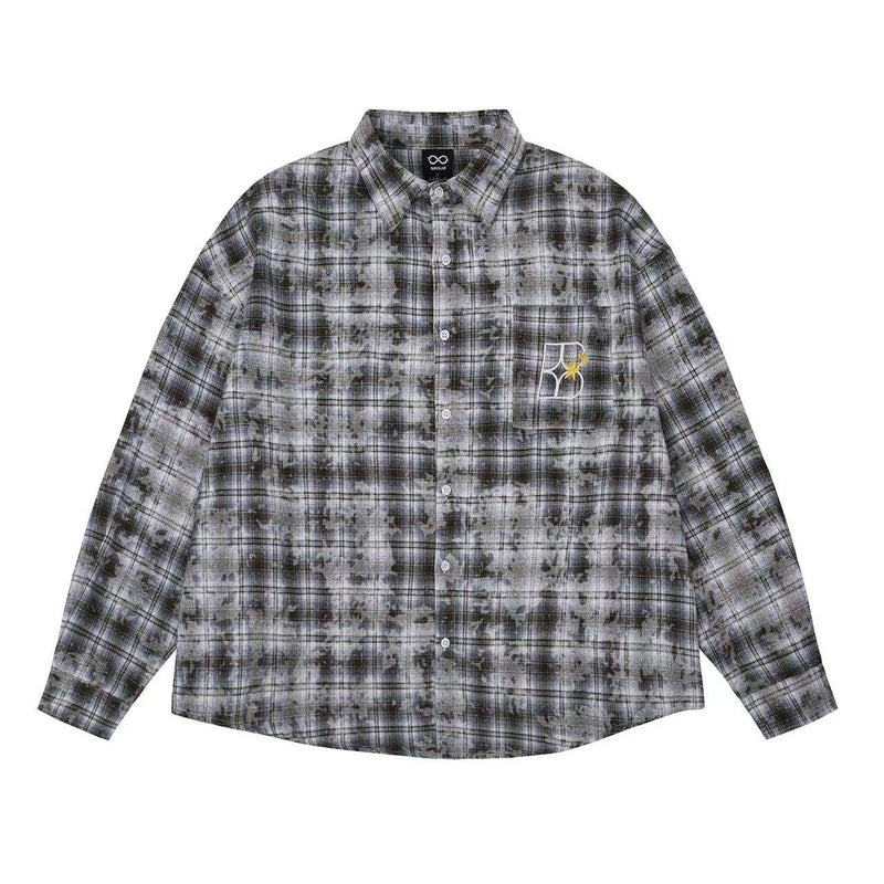 BIPOLAR Retro Floral Letter Embroidered Tie-dye Plaid Shirt