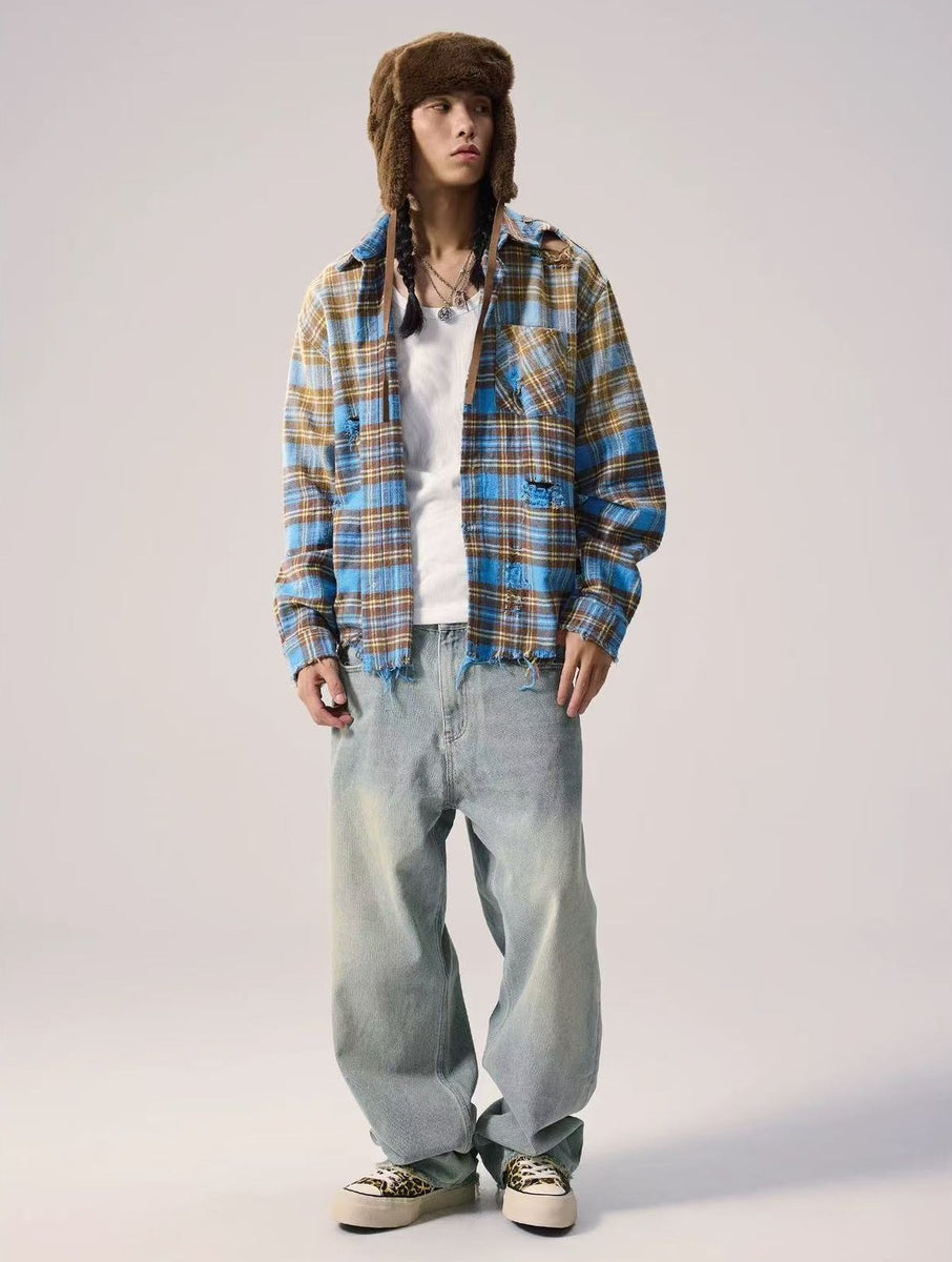 REMEDY Distressed Plaid Long-sleeve Shirt
