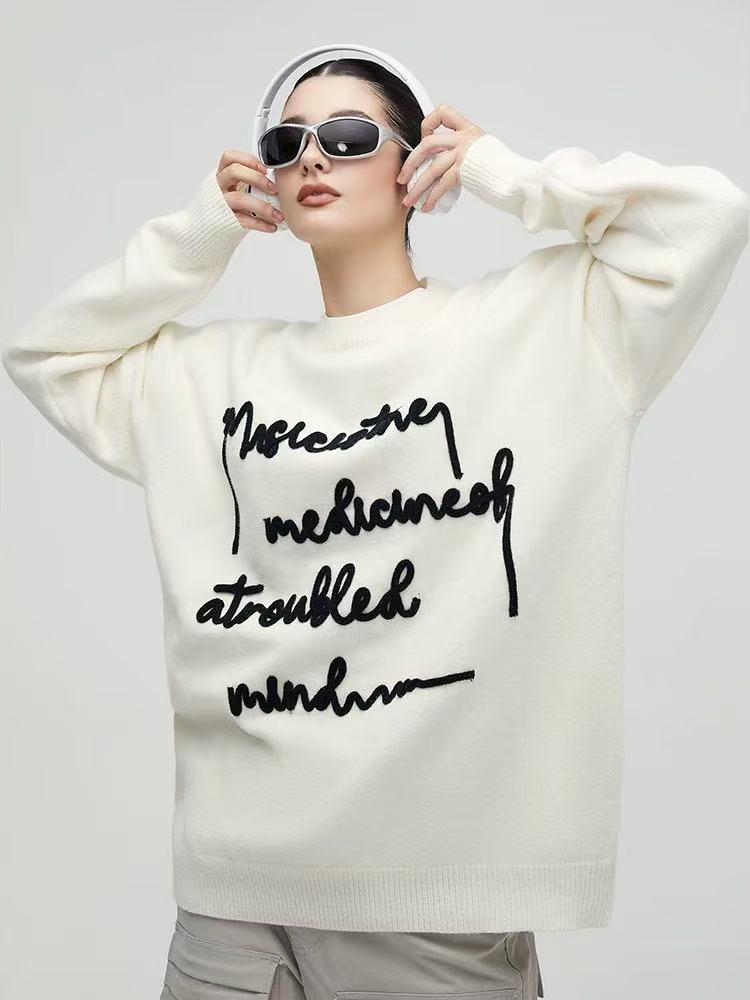 ACHOCK Embroidered Monogram Letter Pullover Sweater