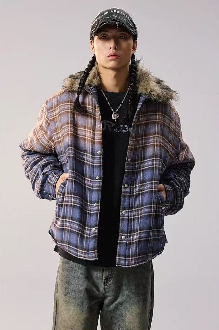 REMEDY Thickened Gradient Distressed Plaid Fur Collar Cotton Coat