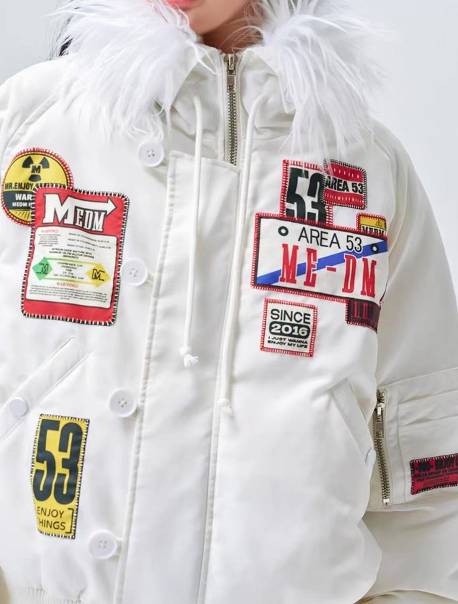 MEDM MA1 Down Jacket with License Plate Patch and Fur Collar Hood