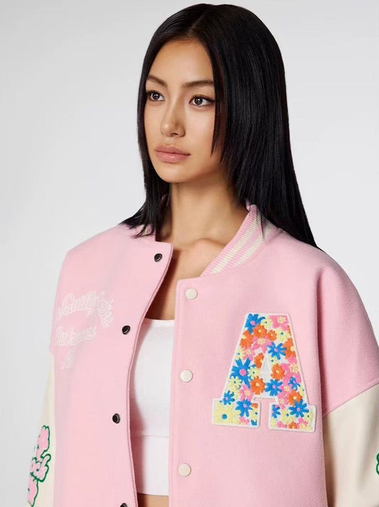 ACHOCK Hollow Floral  Embroidered Baseball Jacket