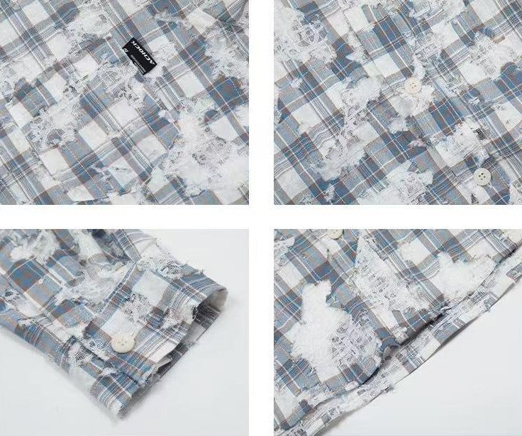 ACHOCK  Lace Lapel Plaid Long-sleeve Shirt