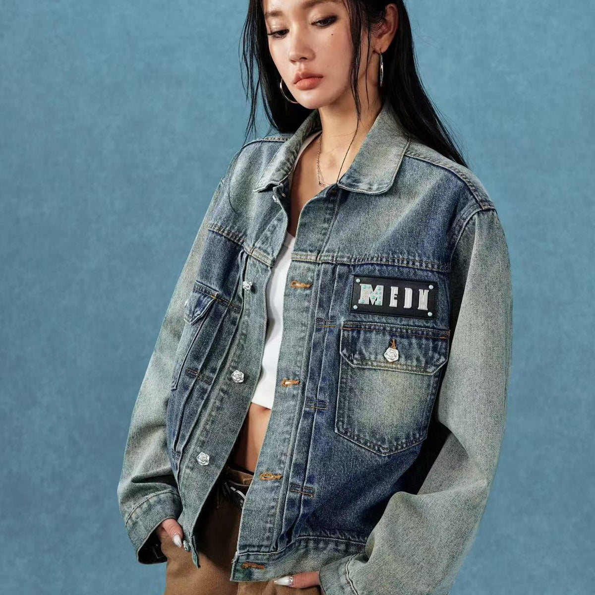 MEDM Leather Patch Distressed Washed Denim Jacket