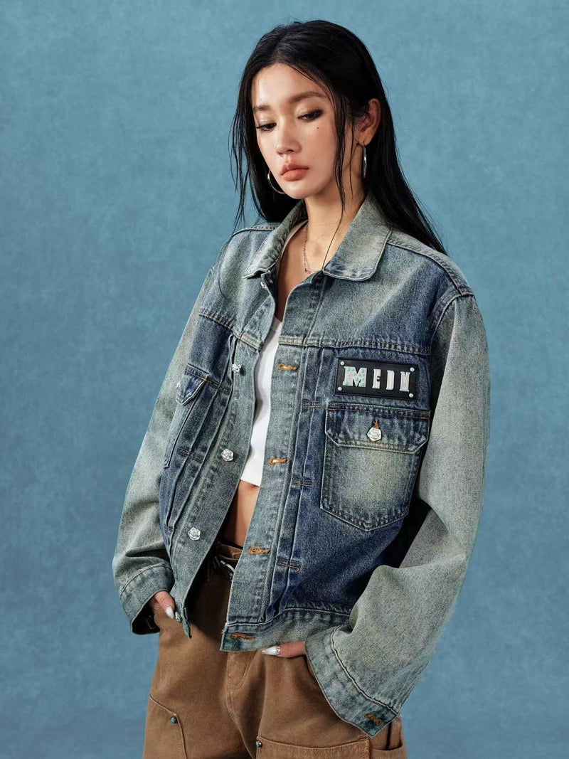 MEDM Leather Patch Distressed Washed Denim Jacket