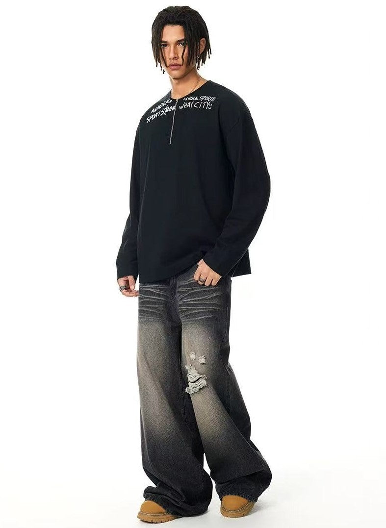 ACHOCK Henley Collar Monogram Half-zip Long-sleeved T-shirt