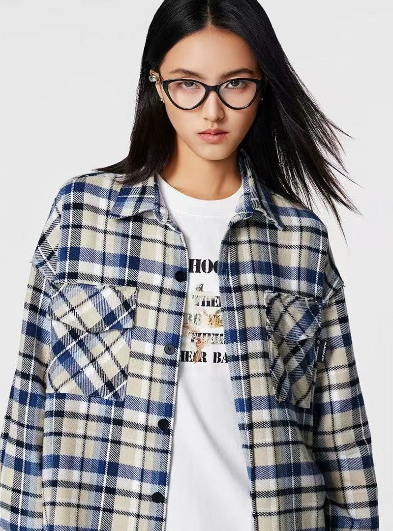 ACHOCK Retro Plaid Tassel Long-sleeve Shirt