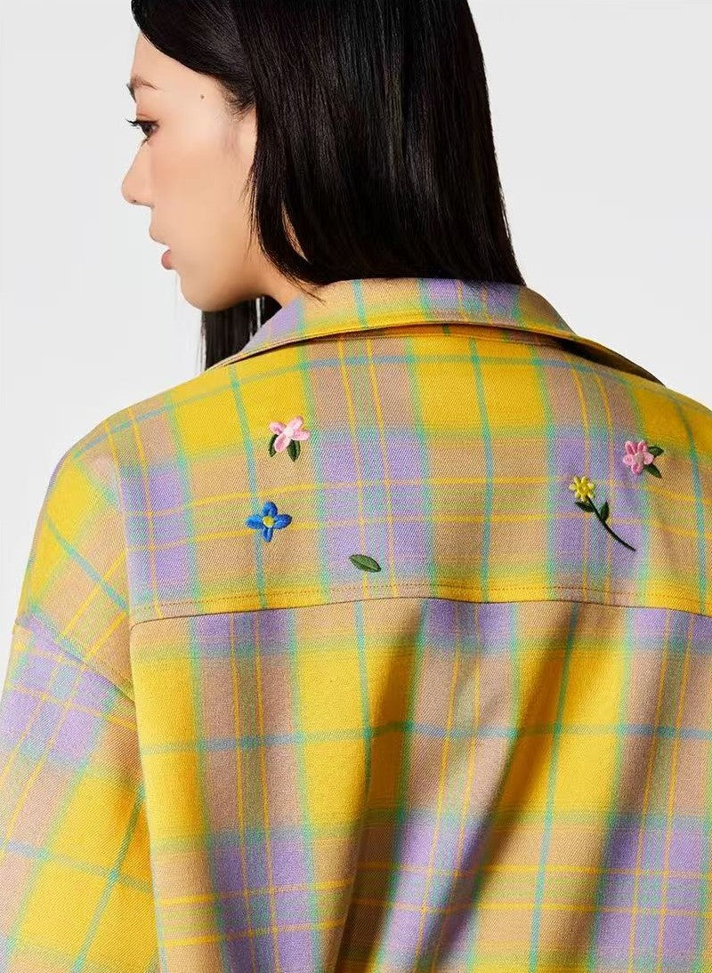 ACHOCK Vintage Floral Embroidered Plaid Long-sleeve Shirt