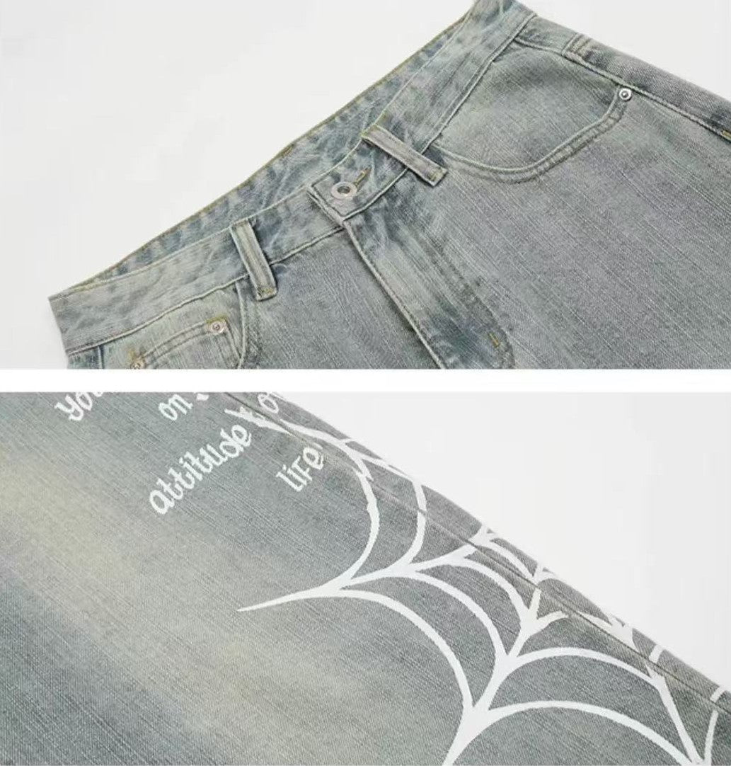 ACHOCK Spiderweb Print Washed Jeans