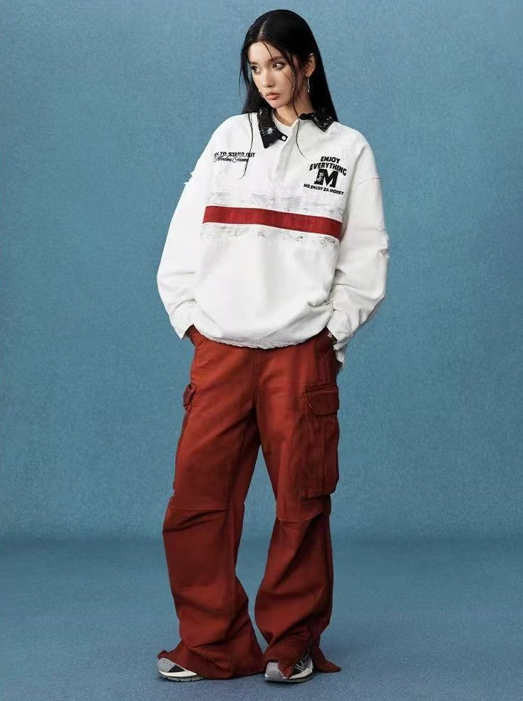 MEDM Contrast Color Striped Polo Long-sleeve T-shirt