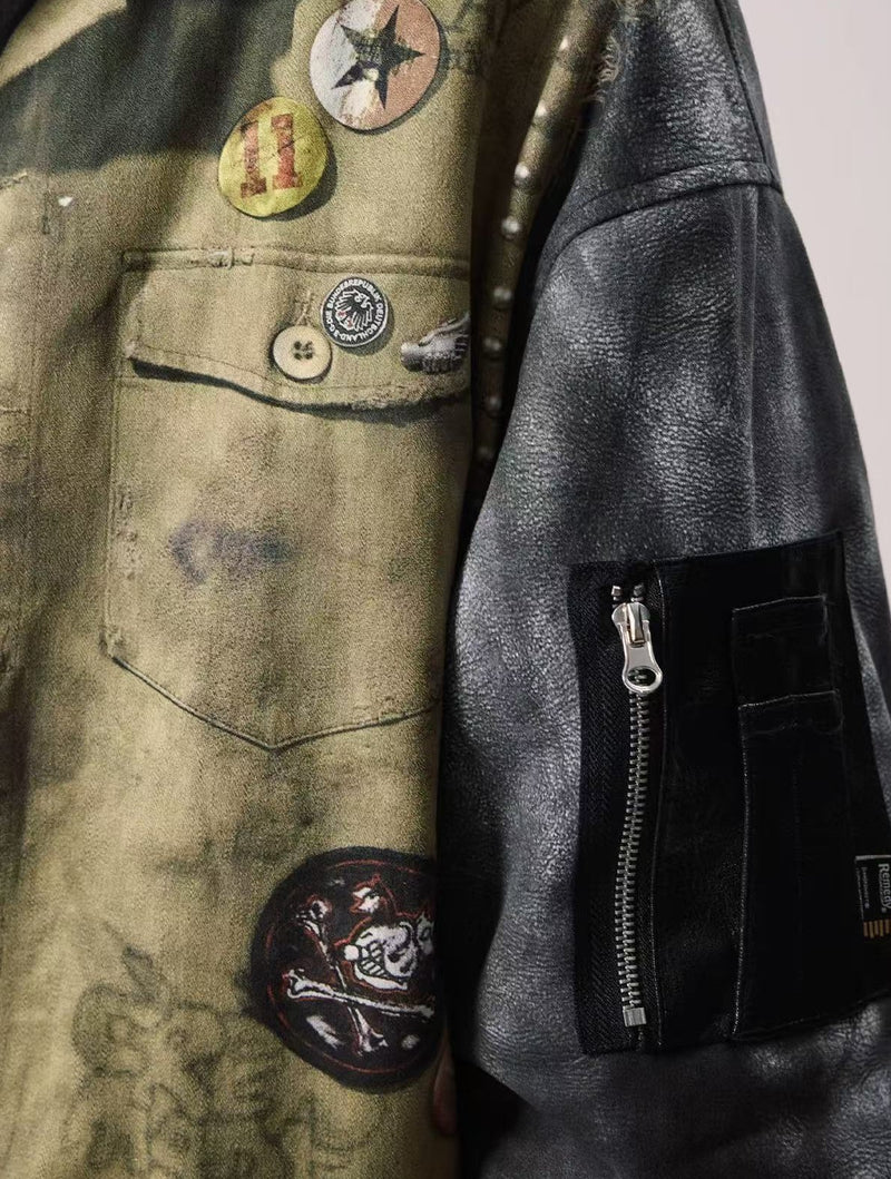 REMEDY Washed Printed Patchwork Bomber Jacket