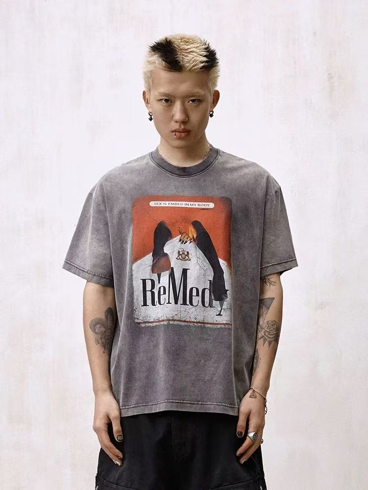 REMEDY Distressed Marlboro Design Short-sleeve T-Shirt