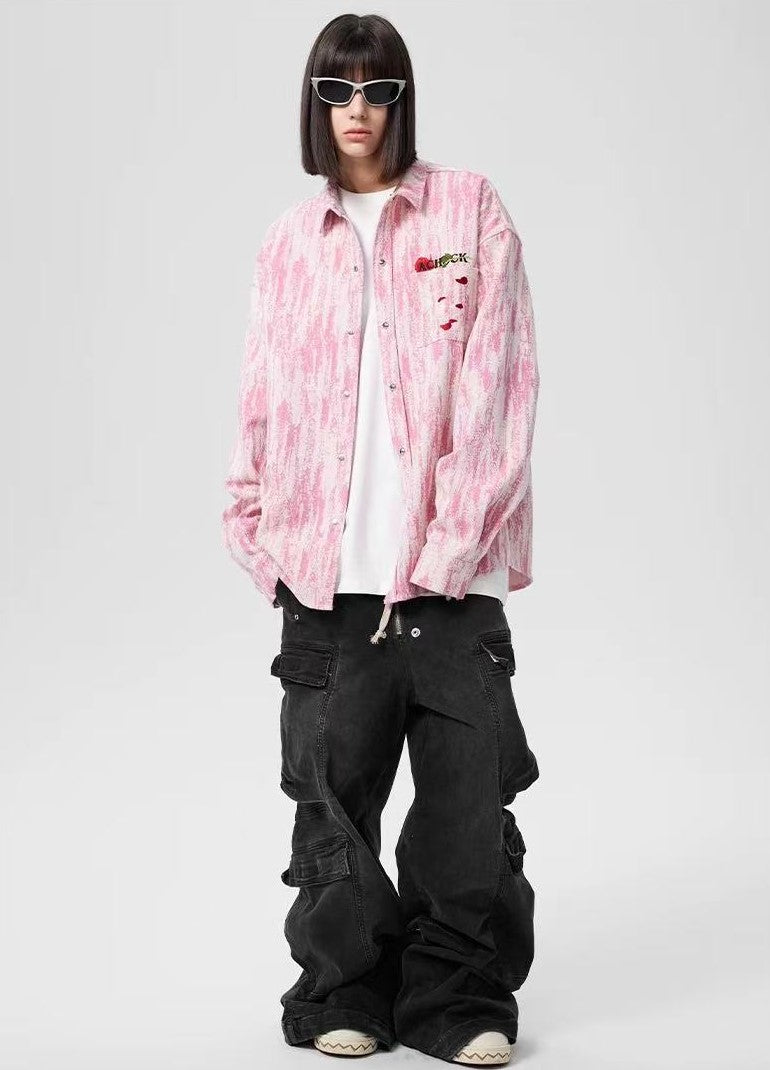 ACHOCK Rose Embroidery Washed Distressed Long-sleeve Shirt