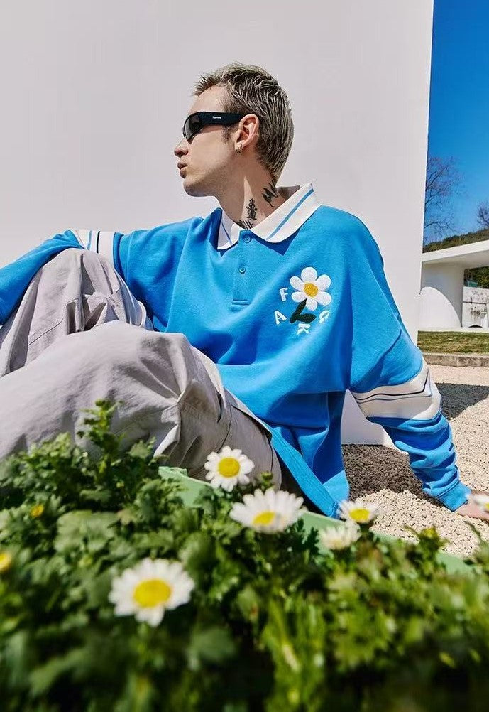 AFGK Small Flower Long-sleeve Polo T-shirt
