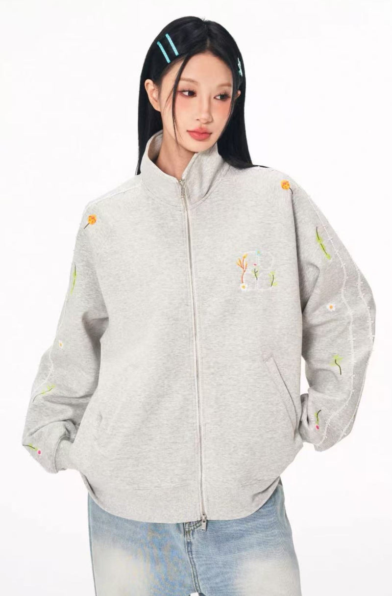 BIPOLAR Floral Embroidered Zipper Sweatshirt