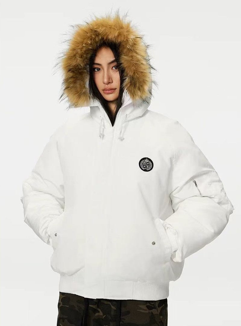 ACHOCK Logo Design Fur Collar Hooded Cotton Coat