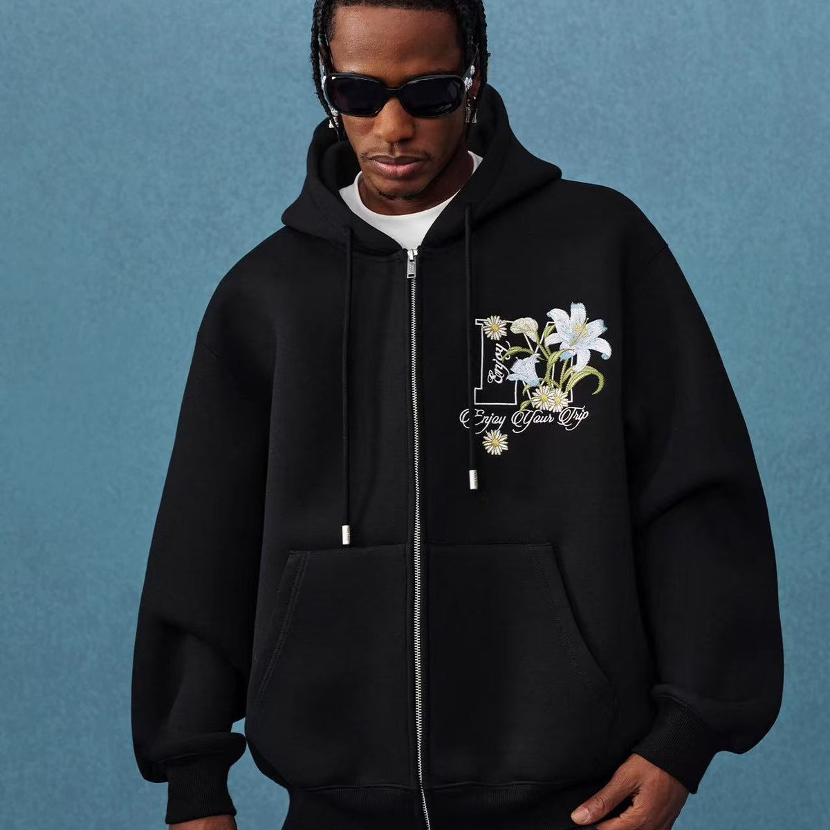 MEDM Floral Air Layer Embroidered Zip Hoodie