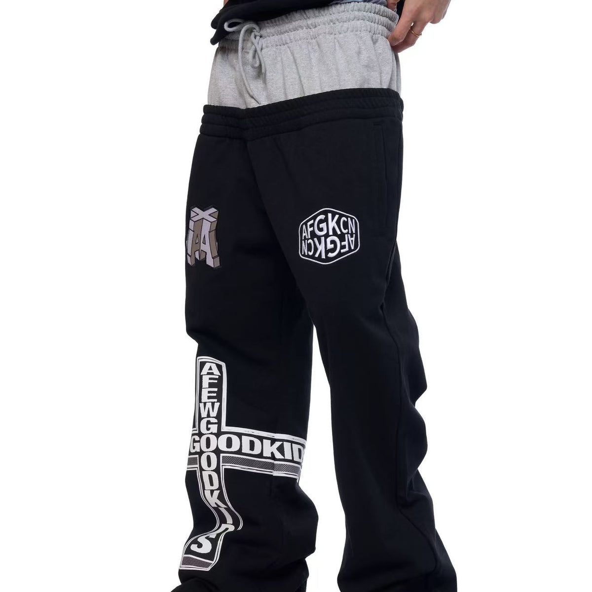 AFGK Fake Two Piece Double Waist Drawstring Bootcut Sweatpants