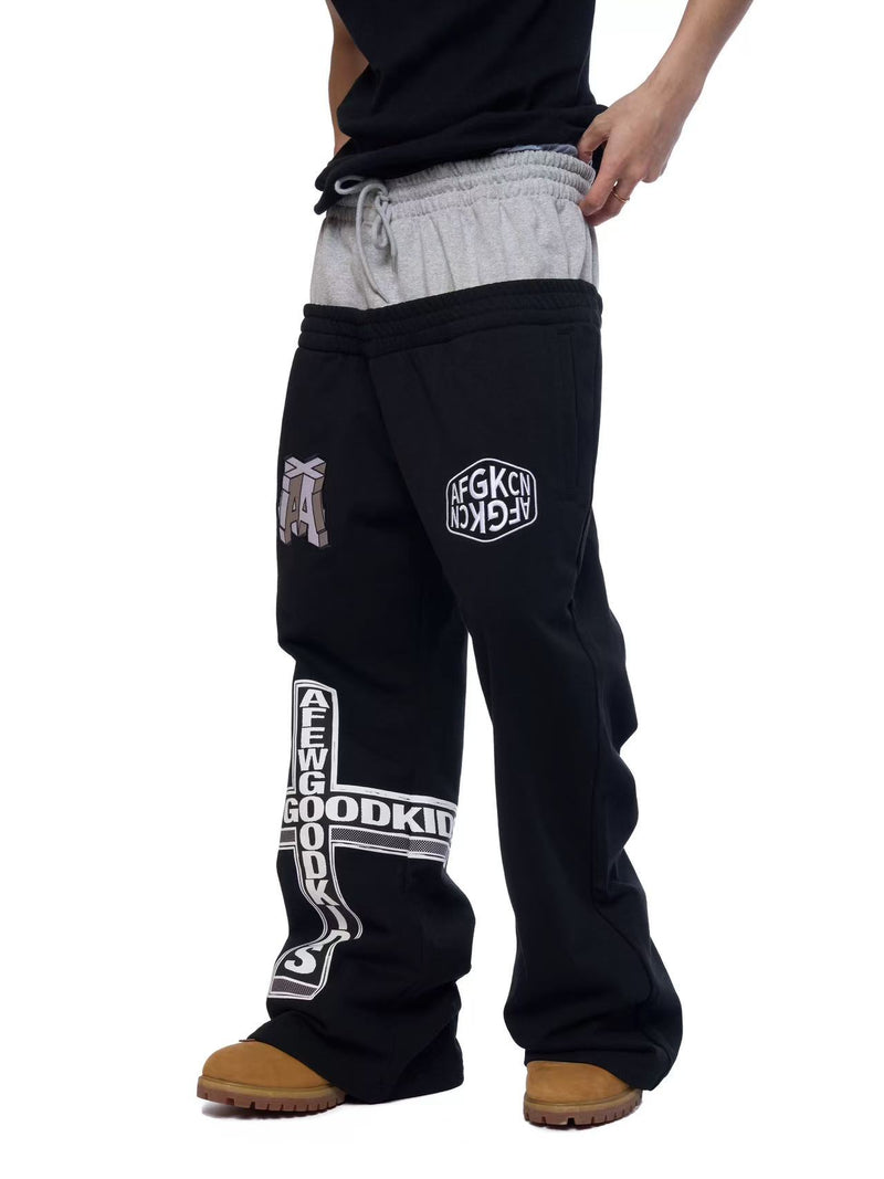 AFGK Fake Two Piece Double Waist Drawstring Bootcut Sweatpants