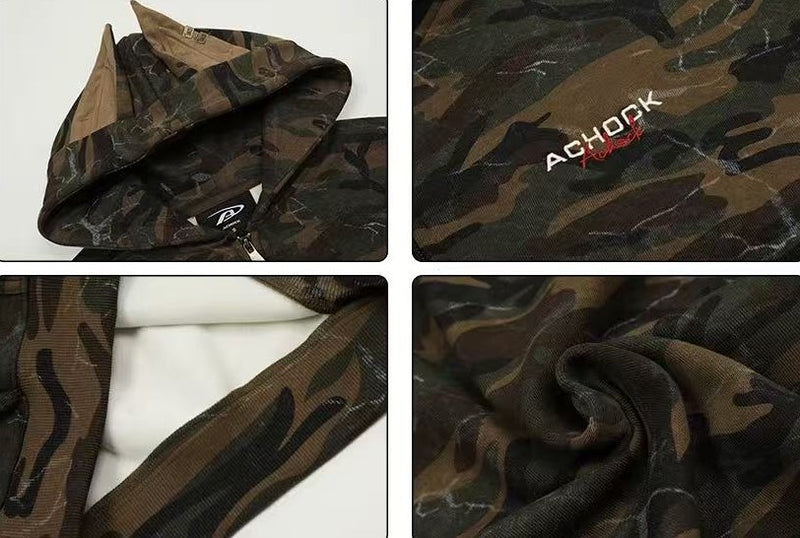 ACHOCK Camouflage Doberman Ear Hooded Fleece Cardigan Sweatshirt