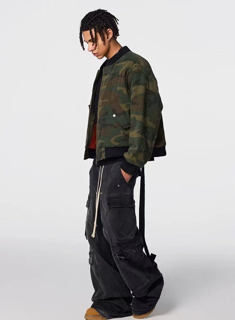 ACHOCK Washed Distressed Camouflage Cotton Bomber Jacket