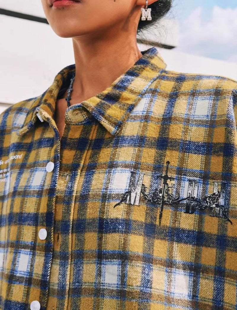 MEDM Washed Distressed Rose and Sword Plaid Long-sleeve Shirt