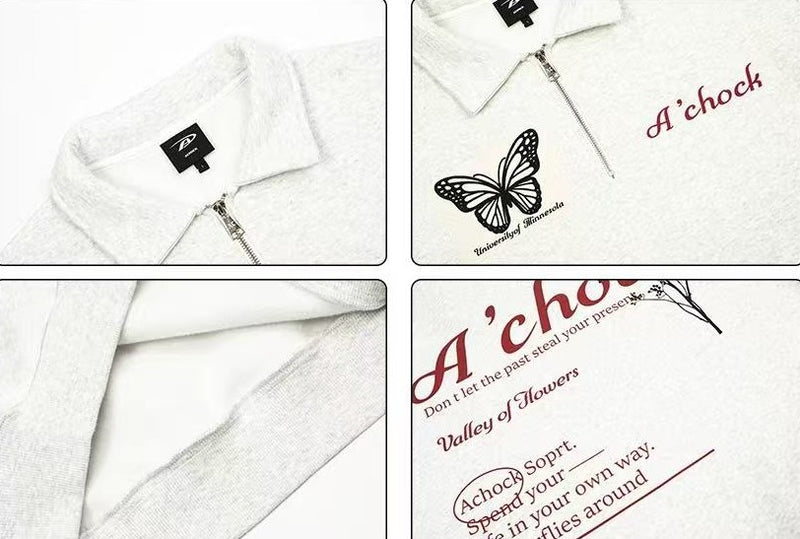 ACHOCK Heavy Butterfly Patch Embroidered Zipper Sweatshirt
