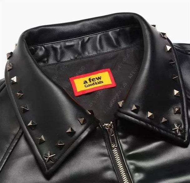 AFGK Glossy Studded Zippered Leather Jacket