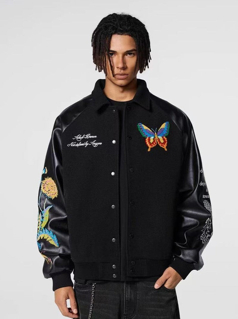 ACHOCK Butterfly Embroidered Stand Collar Baseball Jacket