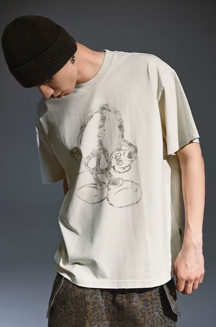 REMEDY Peace Cartoon Print Distressed Short-sleeve T-shirt