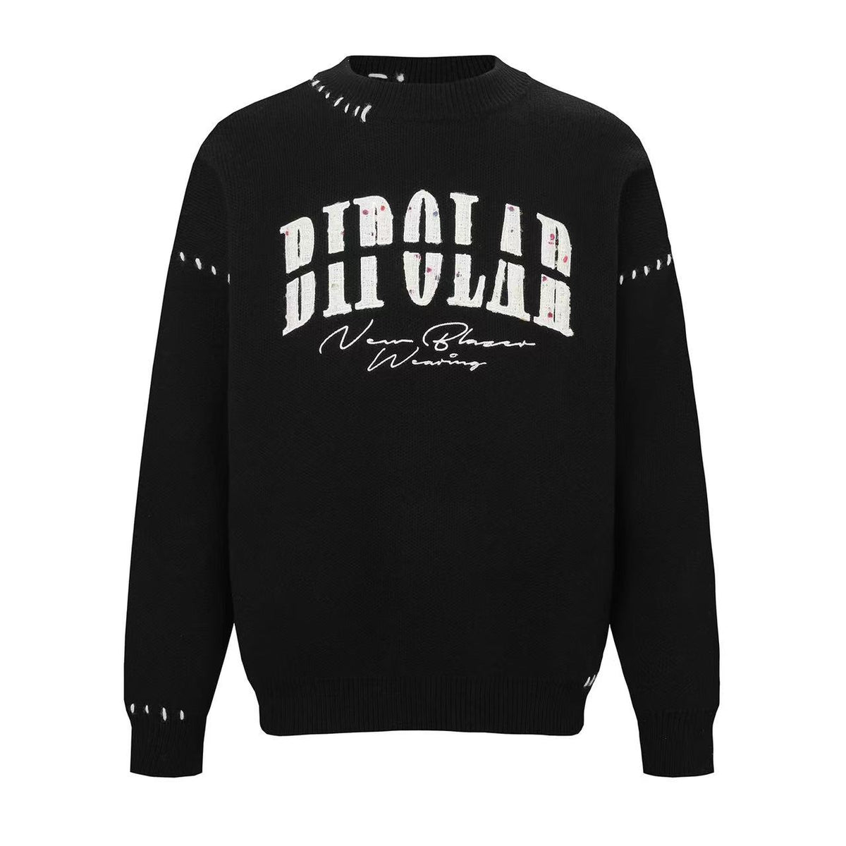 BIPOLAR Patch Embroidered Round Neck Pullover Sweater