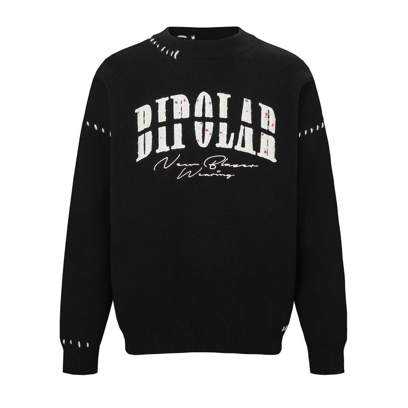BIPOLAR Patch Embroidered Round Neck Pullover Sweater