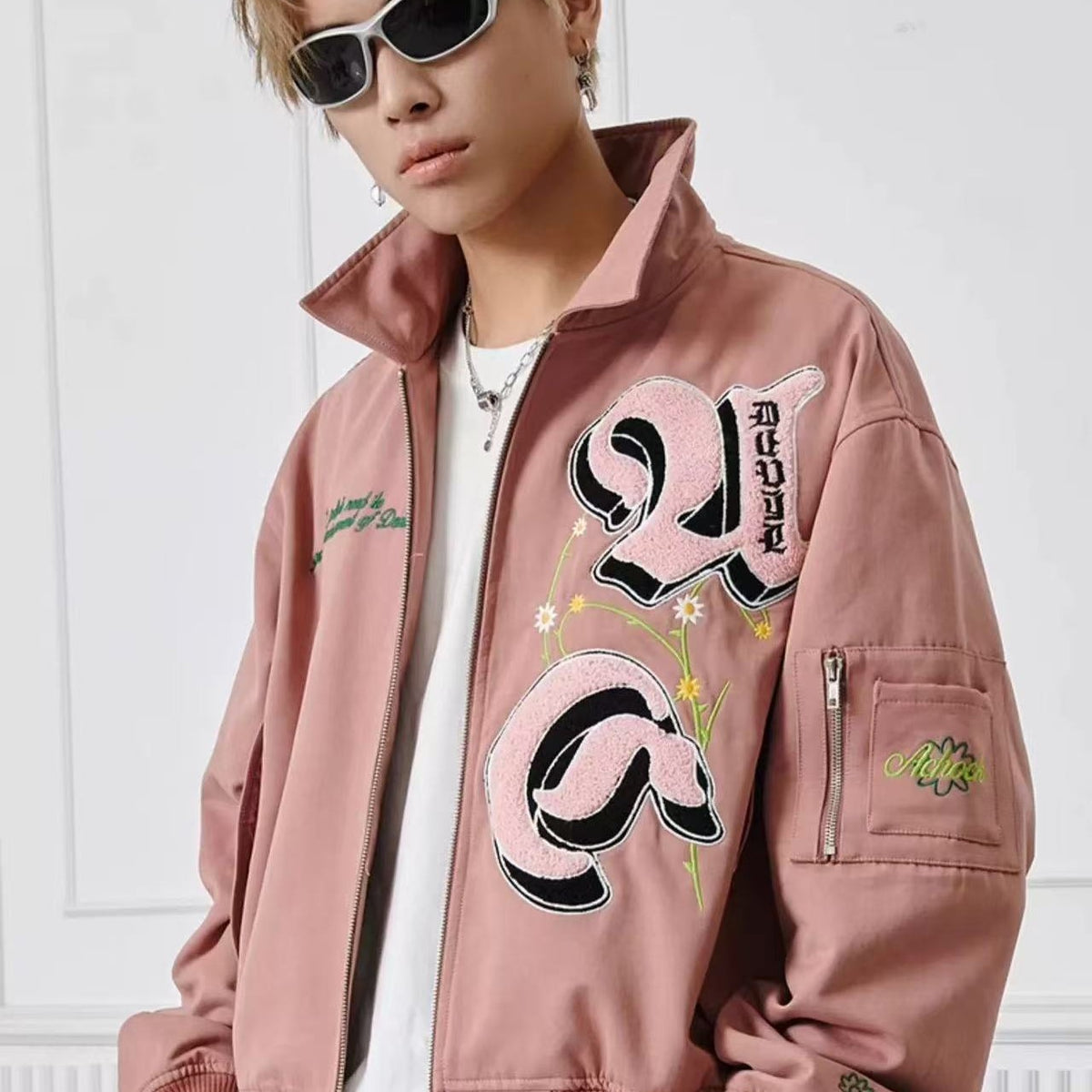 ACHOCK High Street Lettering Flocked Bomber Jacket