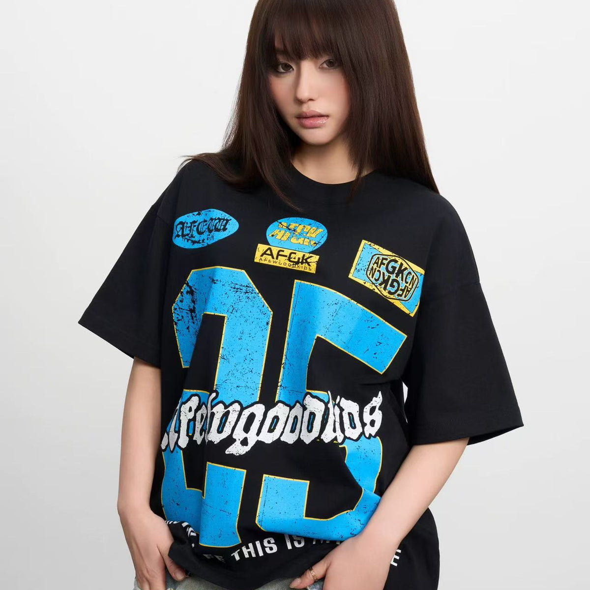 AFGK Retro Distressed Logo Print Short-sleeved T-shirt