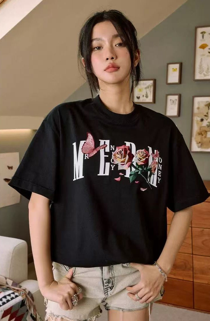MEDM Origami Slice Rose Butterfly Embroidered Short-sleeved T-shirt