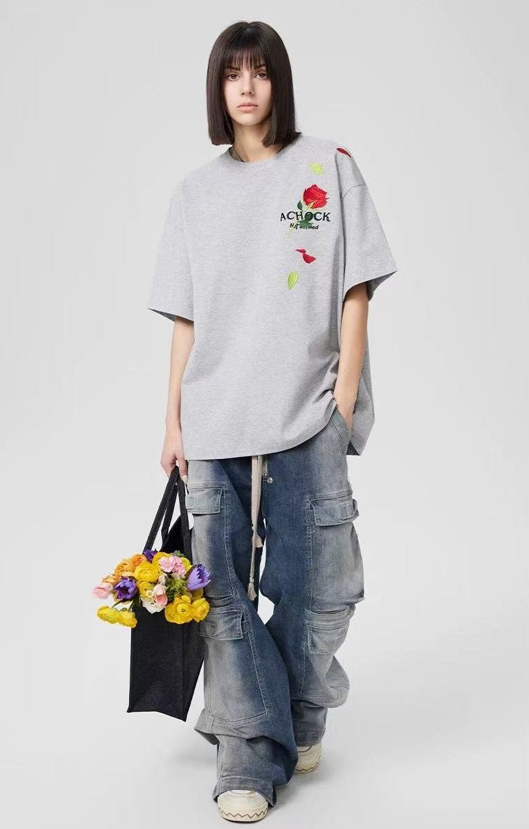 ACHOCK Rose Embroidered Short-sleeve T-shirt