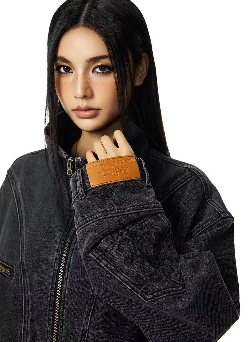 ACHOCK Street Wash Deconstructed Stand Collar Denim Jacket