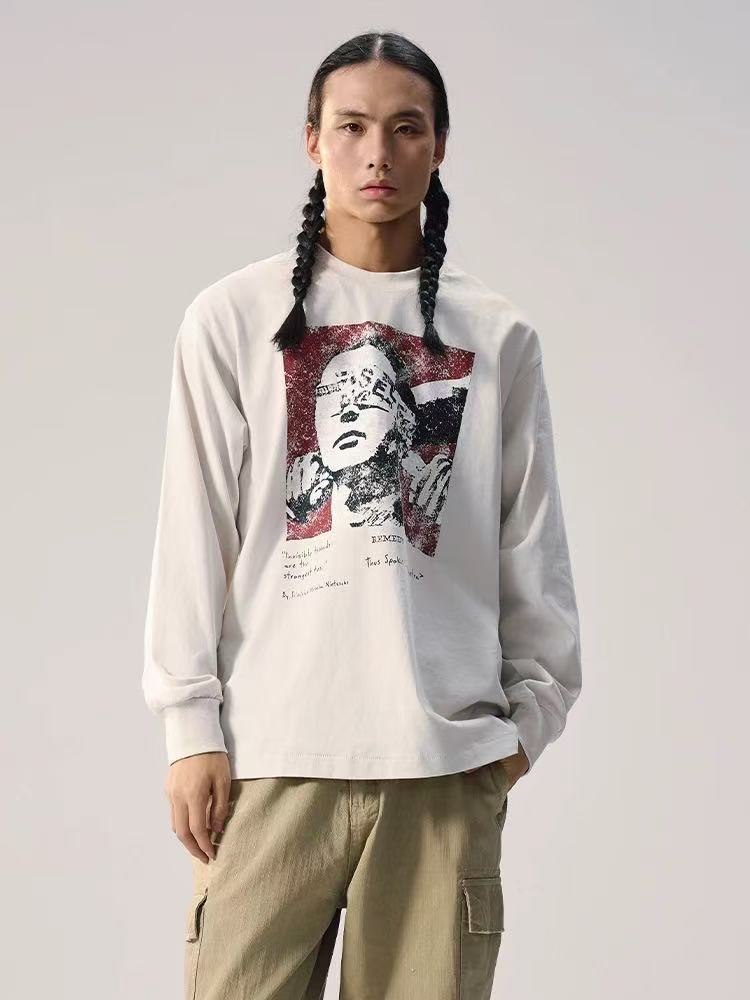 REMEDY Retro Distressed Printing Long-sleeve Tee