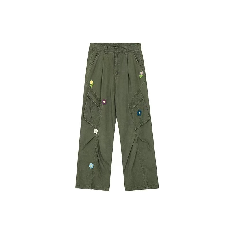ACHOCK Vintage Multi-pocket Floral Embroidered Paratrooper Pants