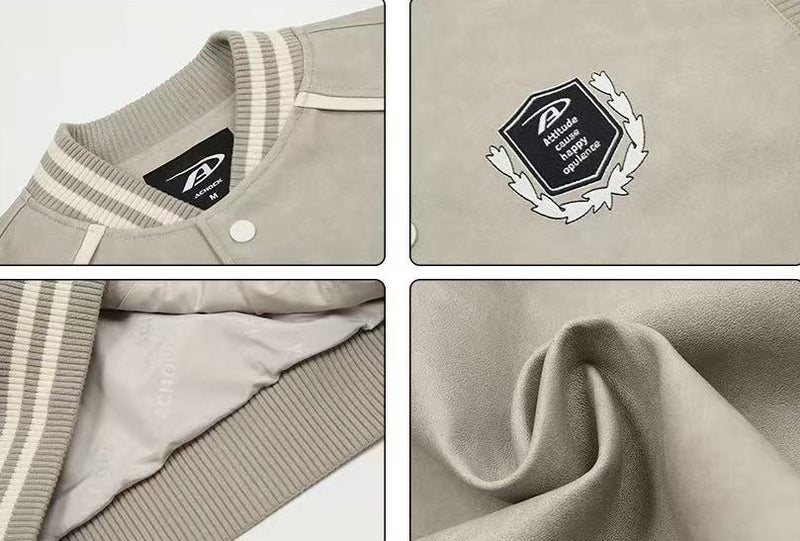 ACHOCK Logo Embroidered Retro Color Block Baseball Leather Jacket