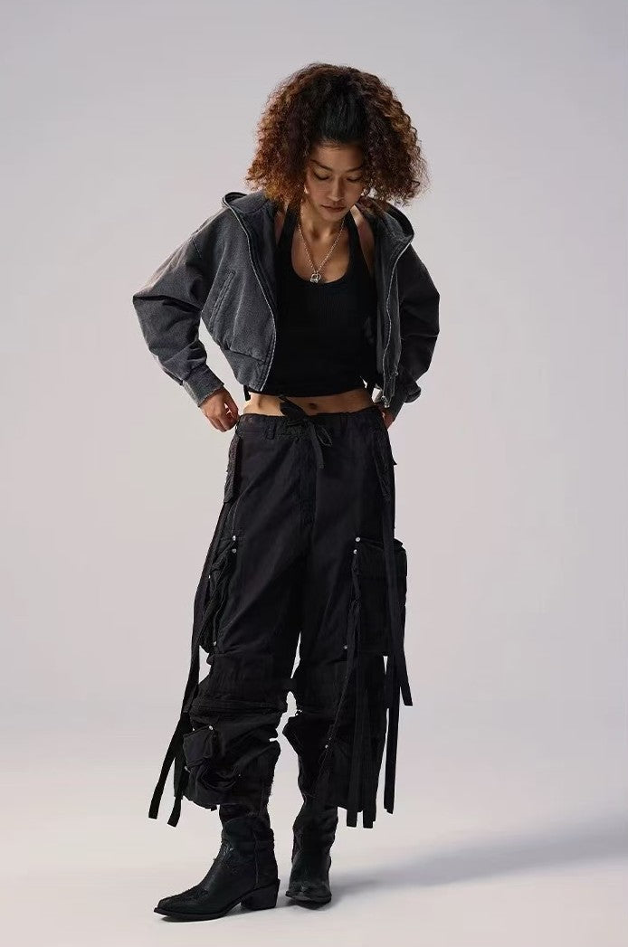 REMEDY Retro Distressed Washed Denim Backpack Hooded Jacket (For Women)